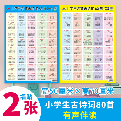 小学生必背古诗大全80首 儿童幼儿学古诗词语文学习识字挂图墙贴人教版幼儿早教挂图学习识字神器