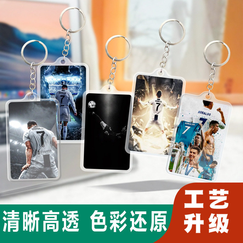 C罗亚克力钥匙扣锁匙圈新款卡片式挂件行李牌双面图明星周边配饰工厂牌电梯钥匙扣卡套一体