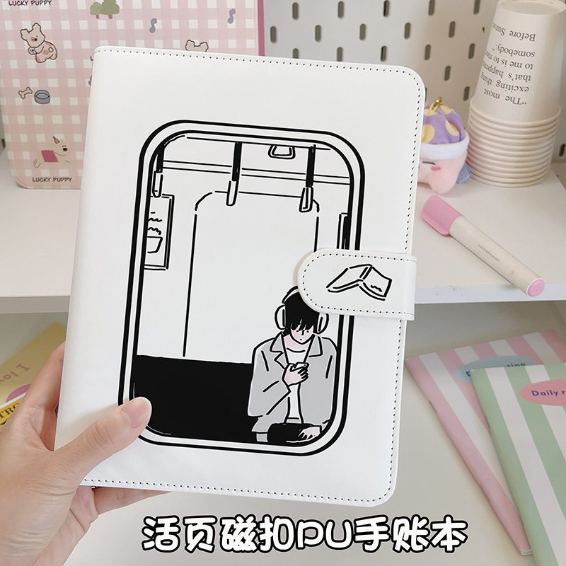 极简白色手绘女生A5PU皮质活页替换笔记本记事本本子