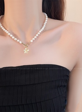 极速旋转猫眼石珍k珠花朵项链女2023年新款爆款小众设计感颈链锁