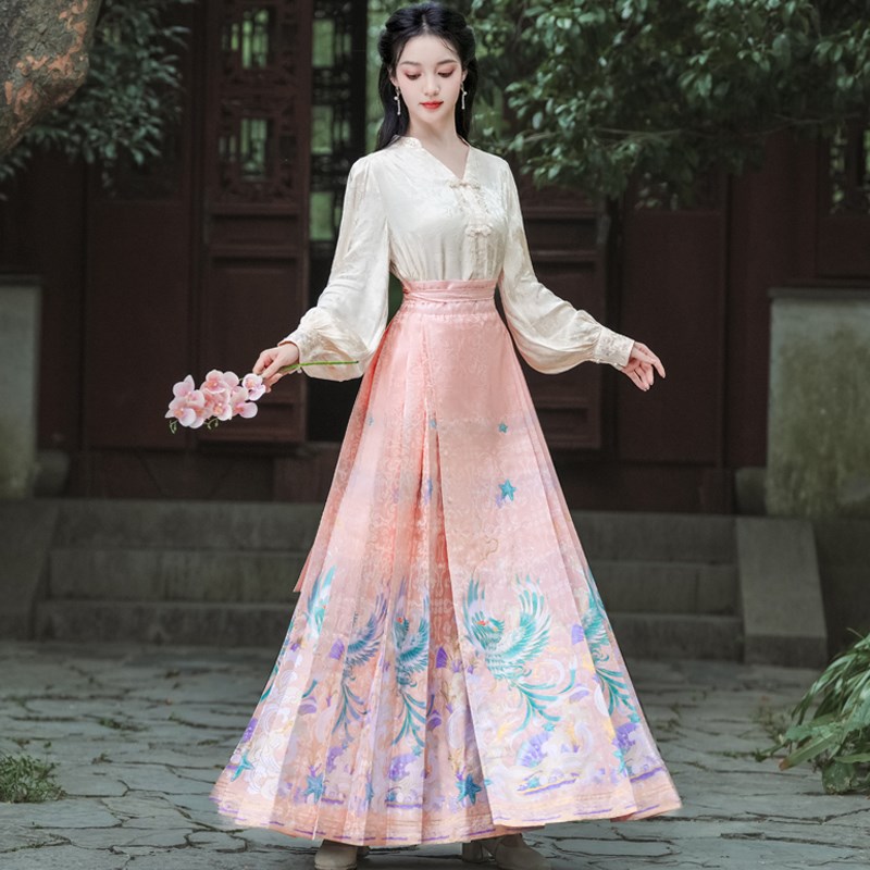 极速新中式国风马面裙套装粉色织金日常通勤可以上班的Z改良汉服