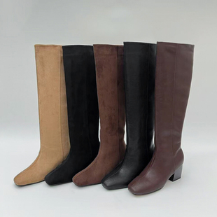 新款 跟高6cm 冬季 简约粗跟小方头真皮直筒显瘦显高及膝靴