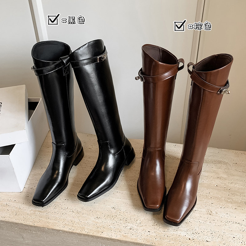 跟高2.5cm/34-39/新款经典锁扣方头斜口时尚牛皮高筒长靴