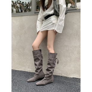 跟高4cm含3cm内增高/34-39/新款抽绳设计可调节绒面中筒靴