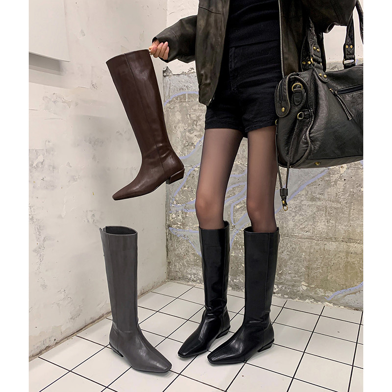 跟高3.5cm/34-40/四季方头粗跟牛皮复古木纹后拉链素面骑士长靴