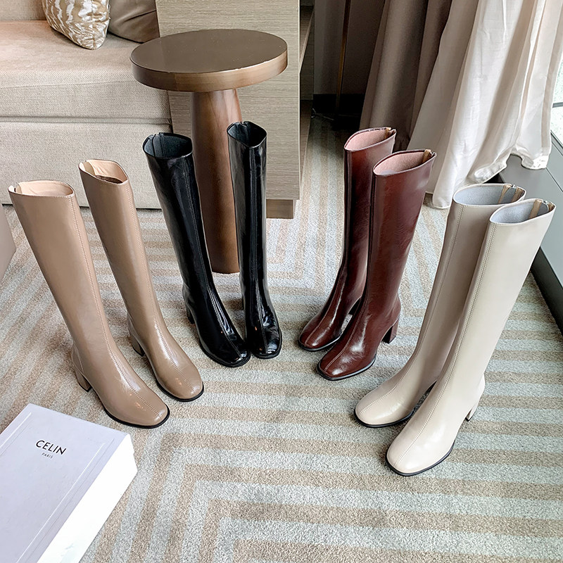 跟高7cm/34-39/圆头气质里外全皮粗跟素面百搭舒适四季长靴