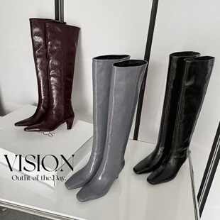 跟高6cm/34-40/及膝方头细跟亮面洋气牛皮秋冬质感极简风时装靴