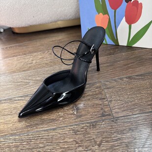 极速2026年春夏新款黑色漆皮包头浅口高跟鞋P女细跟凉鞋交叉绑带