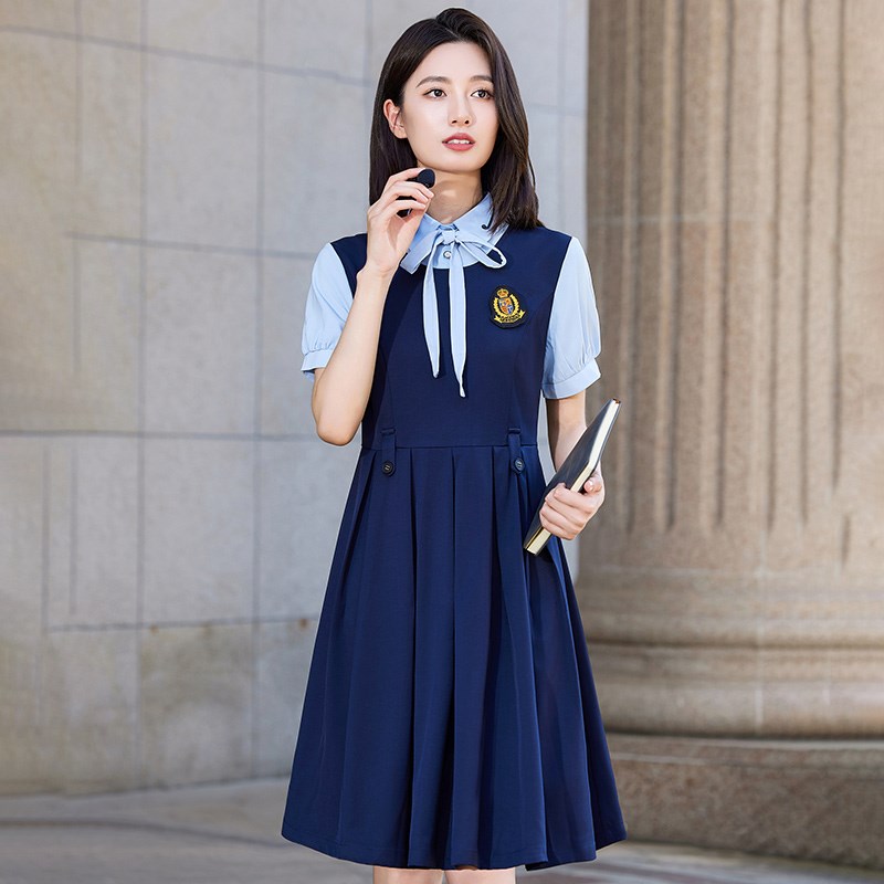 新品新款幼儿园教师园服工作w服幼师英伦风工装假两件套装连衣裙