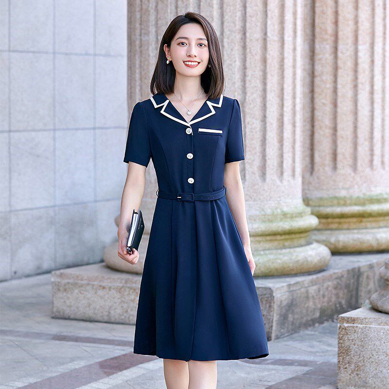 新品短袖连衣裙女幼儿园教师园服幼师老师行政工作服X夏季团体合
