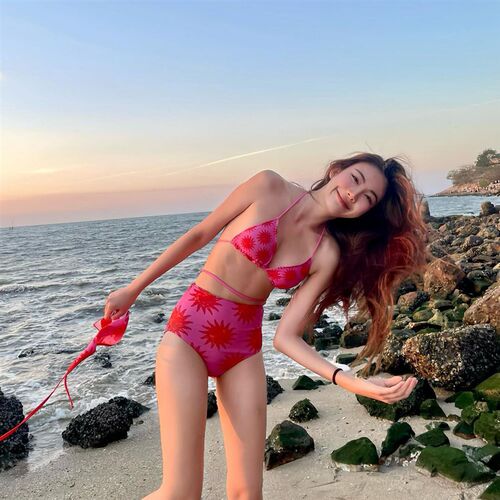 新品网红款欧美复古印花比基尼三件套小J胸聚拢高腰遮肚带头巾游