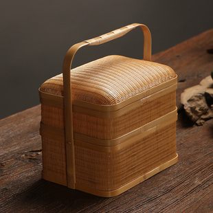 极速竹编双层食盒l送餐盒中式仿古茶道具水果点心收纳盒老式手提