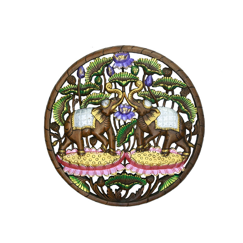新品泰国柚木雕花板圆形大象实木挂板玄I关电视墙面软装饰画东南