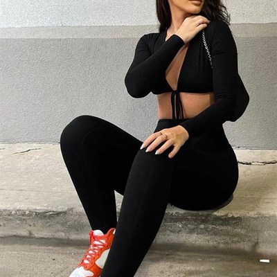 极速Hugcitar 2021 Summer Solid Long Sleeves BandageV V Neck