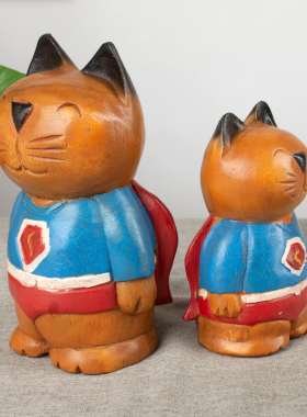 新品泰国木雕工艺品木质功u夫猫超人猫摆件创意家居房间桌面玄关