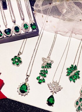 极速祖母绿宝f石水晶短款项链锁骨链轻奢复古简约仙女锆石水滴心