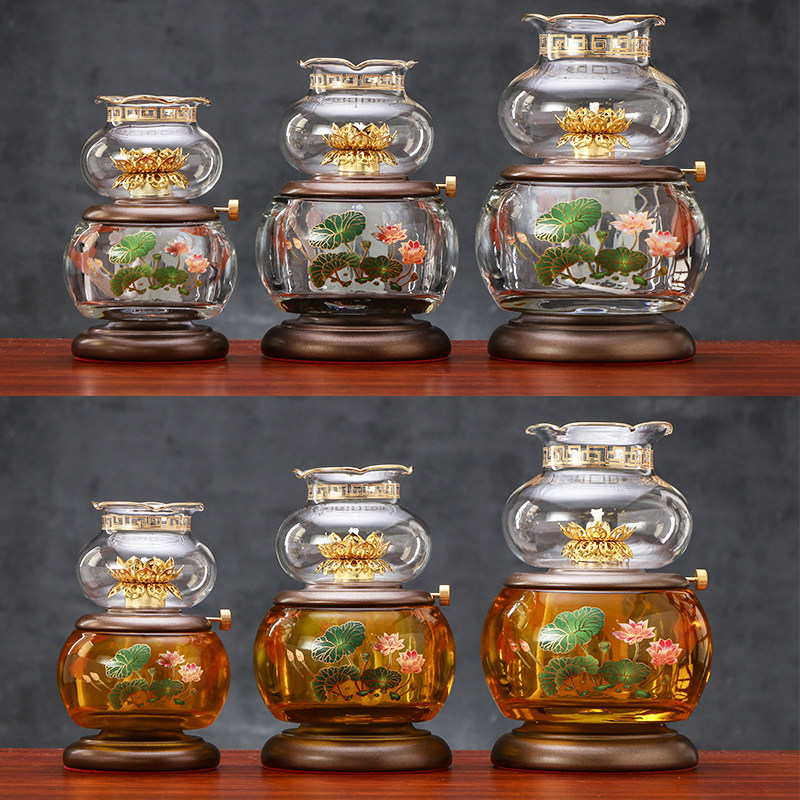 新品供佛油灯纯铜家用液体酥油灯盏玻璃莲K花苏油灯防风佛前供灯图片