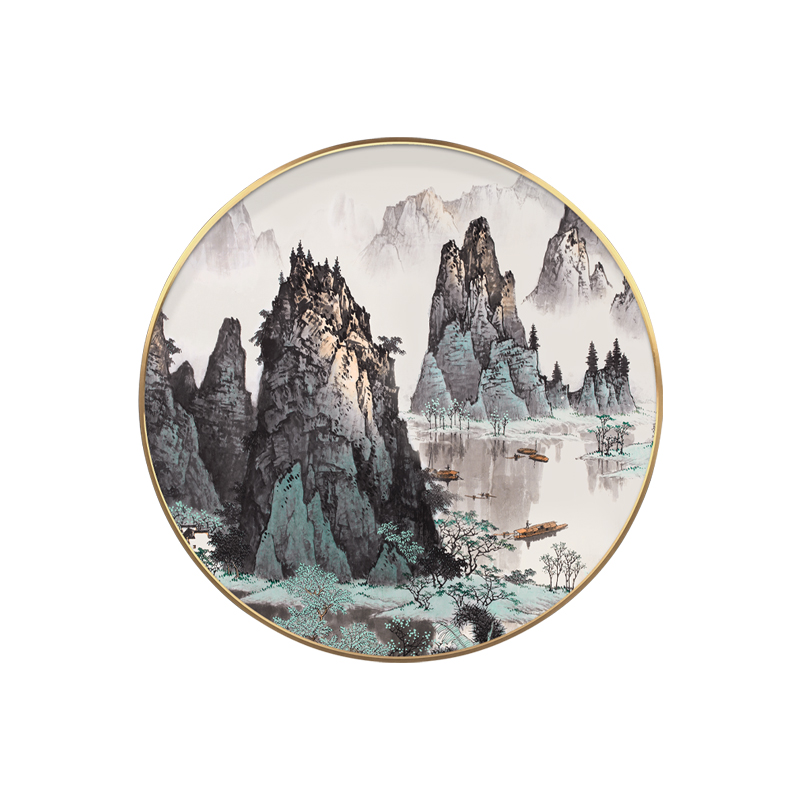 极速新中式圆形装饰画客厅餐厅玄关禅意沙发背景墙V组合山水挂画