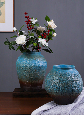 极速新中式蓝色粗陶花瓶设计师插花陶瓷摆件居家客厅Y装饰民宿复