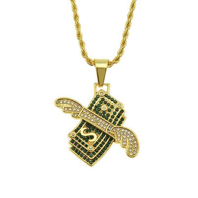 极速Hip Hop Diamond Angel Wings Dollar Pendant NecVklace Nig