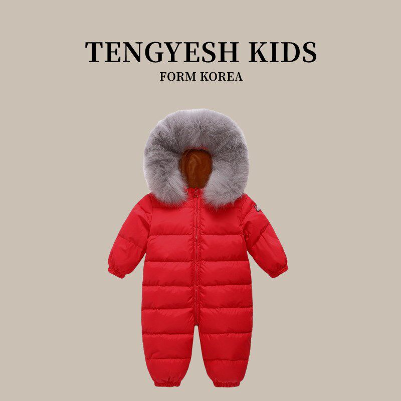 极速韩国TENGYkESH宝宝连身羽绒服男女童外出服大毛领婴儿加厚保