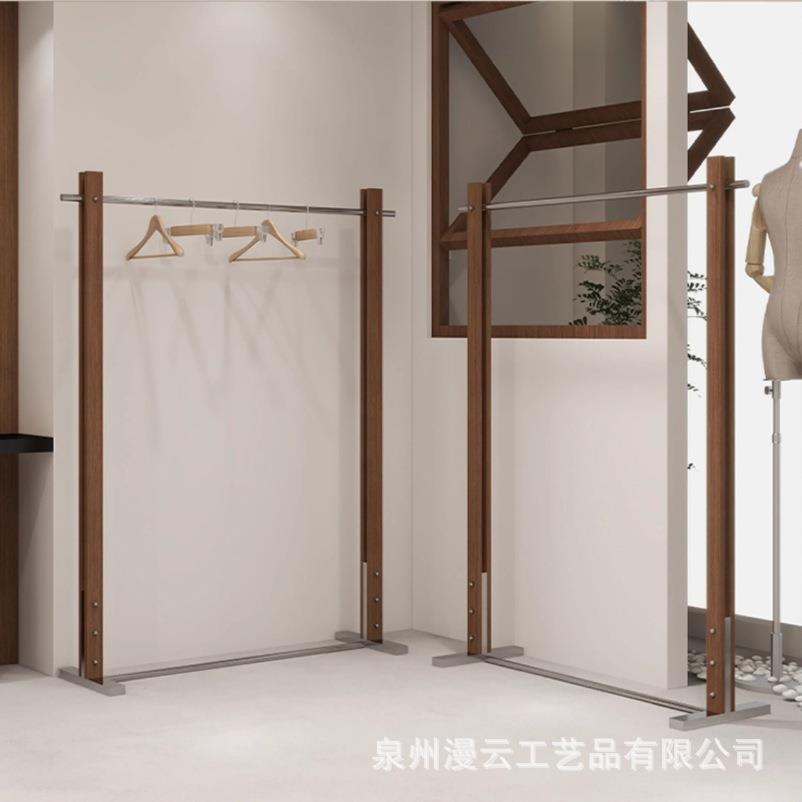 服装店展示架胡桃木色不锈钢货架中古风陈列架落地挂衣架中岛架子