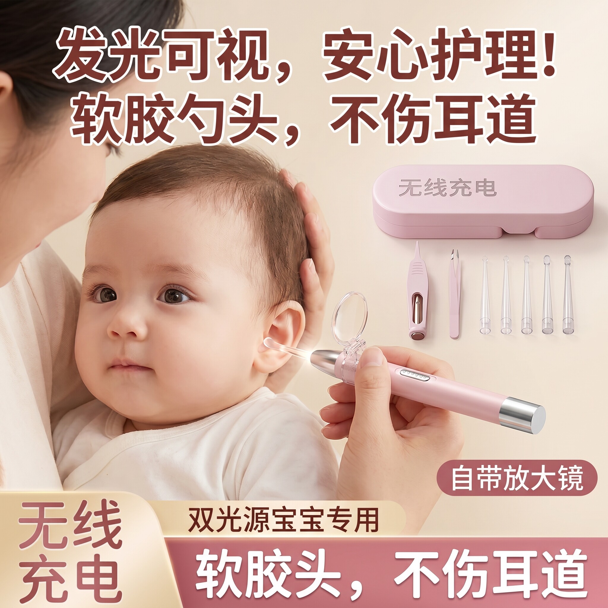 挖耳勺神器发光掏耳勺硅胶软头婴儿童宝宝专用清耳屎带灯安全镊子