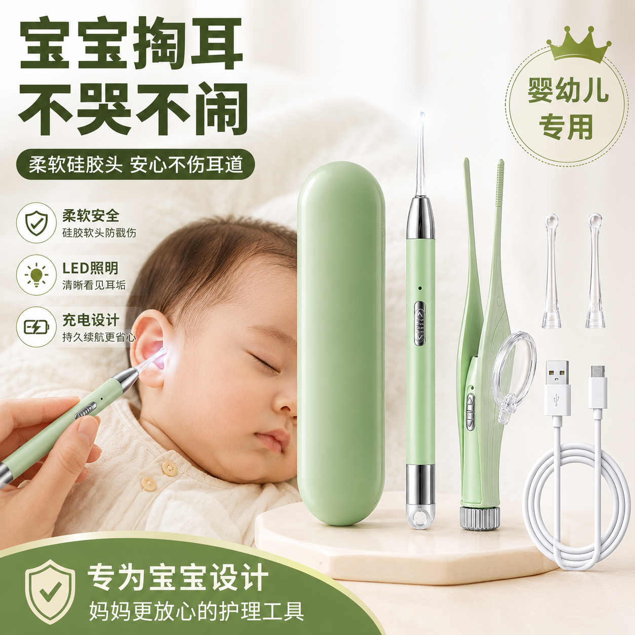 婴儿挖耳勺儿童专用发光掏耳勺掏耳朵神器不伤耳朵可视挖耳屎勺子