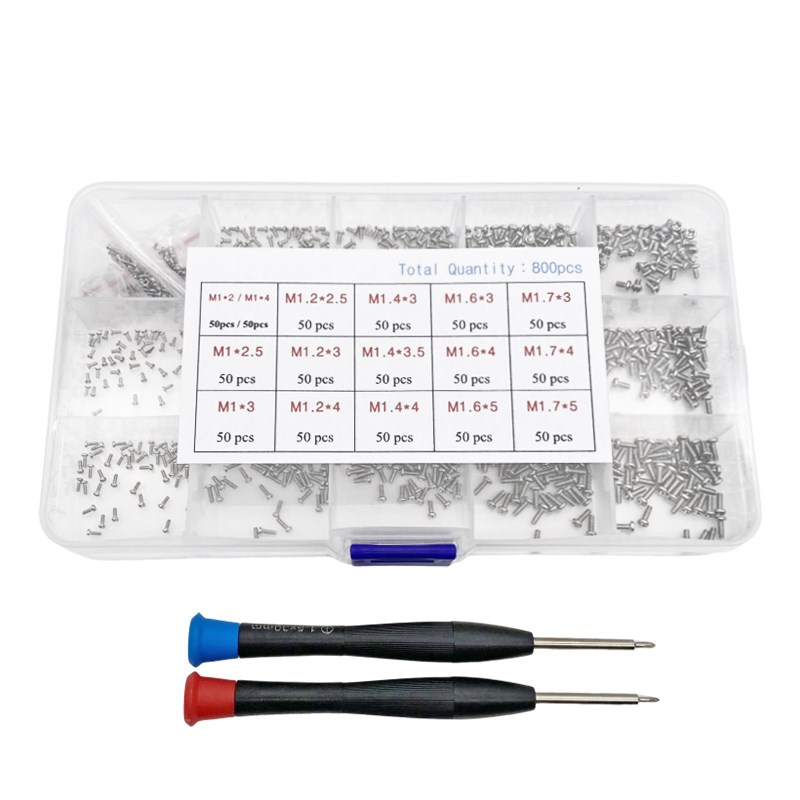 800pcs盒装镀镍圆头十字螺丝小型电子微型M1-M1.7机螺钉组合套装