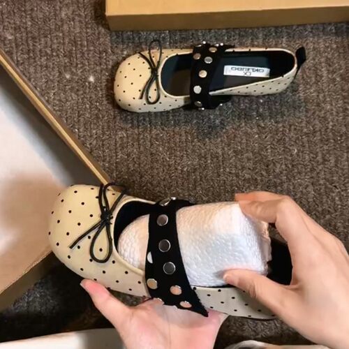 软皮版~复古风铆钉玛丽珍鞋女内增高蝴蝶结芭蕾舞鞋浅口方头单鞋
