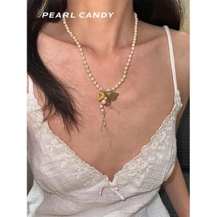 米白天然石小鸟心形天然淡水珍珠手工925纯银项链