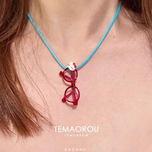 挂脖配饰卫衣链颈链 春夏新款 敲可爱 kitty猫咪眼镜吊坠项链女款