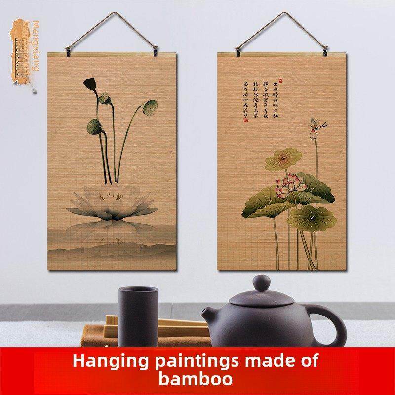竹帘，竹卷挂画，兰花，覆古梅兰竹菊名花鸟画，客厅入口茶室装饰