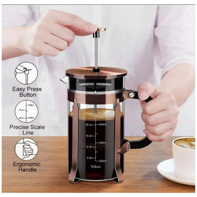 1L手冲法压壶带刻度不锈钢高硼硅玻璃咖啡壶双层滤网French Press