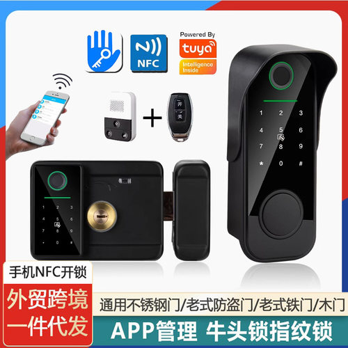 牛头锁指纹锁铁门防盗门户外防水家用老式密码通通跨境涂鸦智能锁