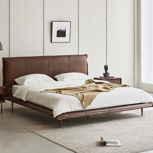现代简约意式极简复古科技皮床设计师软包双人皮艺床主卧轻奢北欧