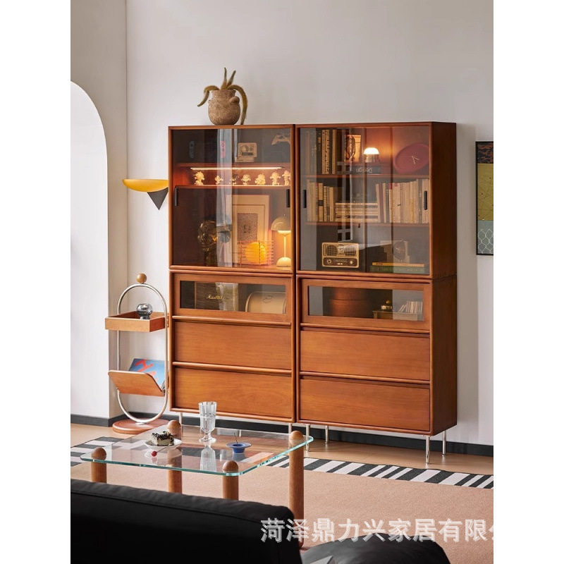 实木书柜带玻璃门餐边柜客厅储物组合展示柜轻奢酒柜实木收纳柜