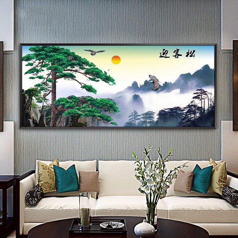满钻钻石画山林风景客厅横款装饰画迎客松好客点钻十字绣