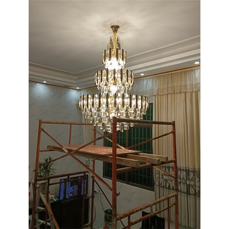 复式楼loft中空别墅水晶大吊灯旋梯楼梯后现代客厅酒店大堂轻奢灯