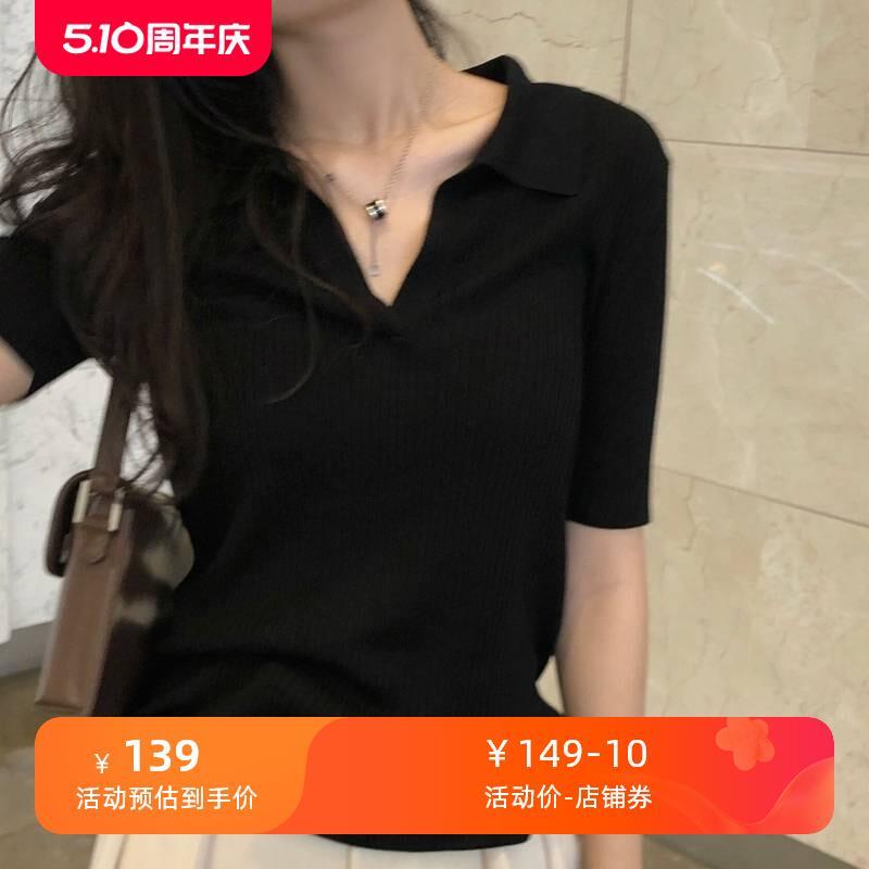 黑色V领冰丝针织短袖t恤女夏季薄款修身正肩翻领体恤POLO衫上衣