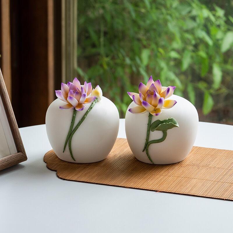 轻奢手工莲花花瓶客厅插花摆件家居饰品餐桌酒柜装饰品中式陶瓷