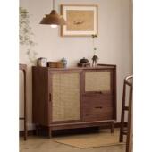 倾描木作北美黑胡桃实木餐边柜现代简约藤编门茶水柜家用储物柜子