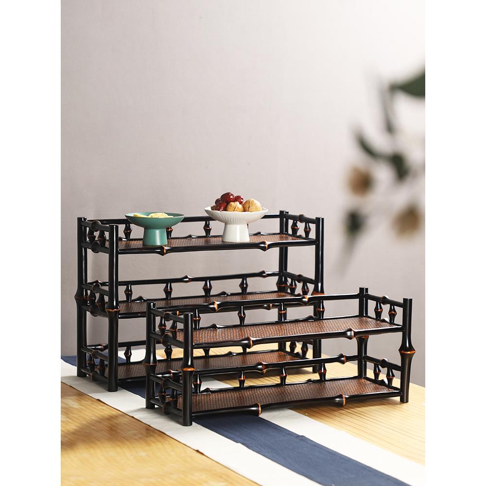 邛竹双层杯架 桌面覆古茶壶架茶杯架子茶具收纳架展示架竹茶架子