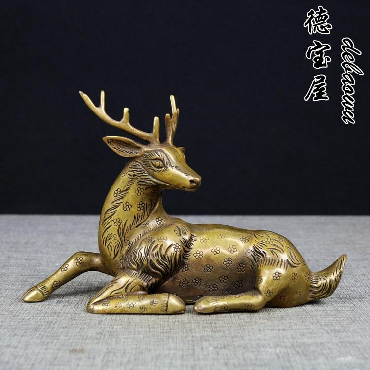 铜梅花鹿纯铜工艺品摆件雕塑卧鹿回头鹿风水摆件家居铜鹿装饰