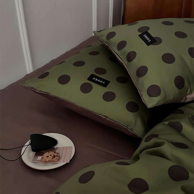 ins100支简约覆古波点绿床上四件套1.5m1.8全棉床单被套裸睡丝滑