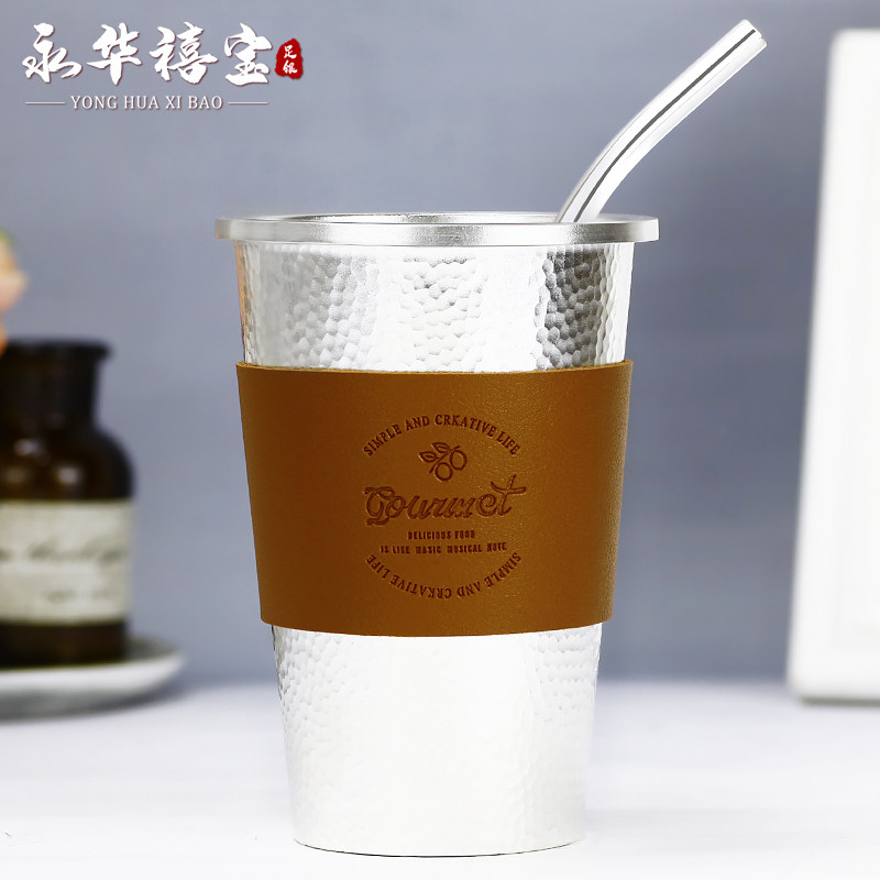 永华禧宝足银999银水杯吸管咖啡杯隔热防烫可乐杯奶茶杯银杯自用