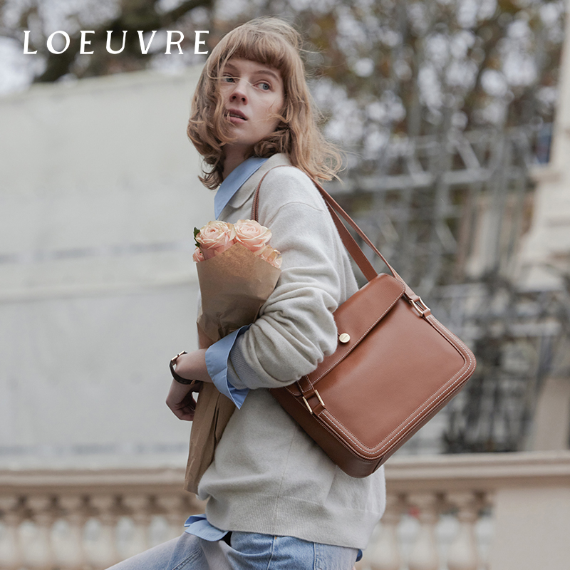 loeuvre单肩包女牛皮复古大容量