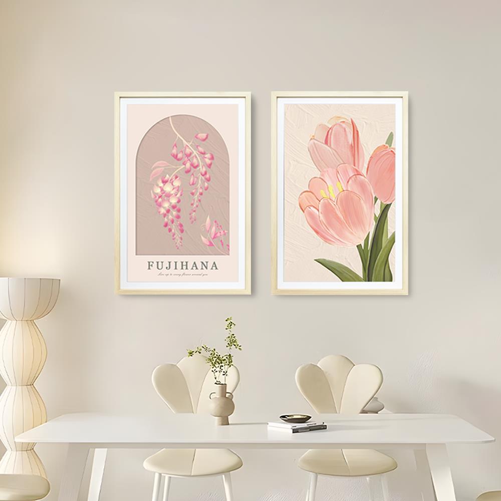 奶油风卧室两联装饰画抽象餐厅背景墙壁画北欧小清新花卉挂画4060图片