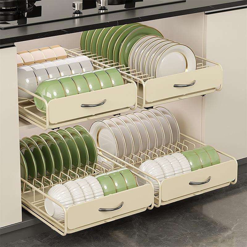 抽屉式厨房抽拉碗碟收纳架免打孔橱柜碗架拉篮碗盘盘子沥水置物架