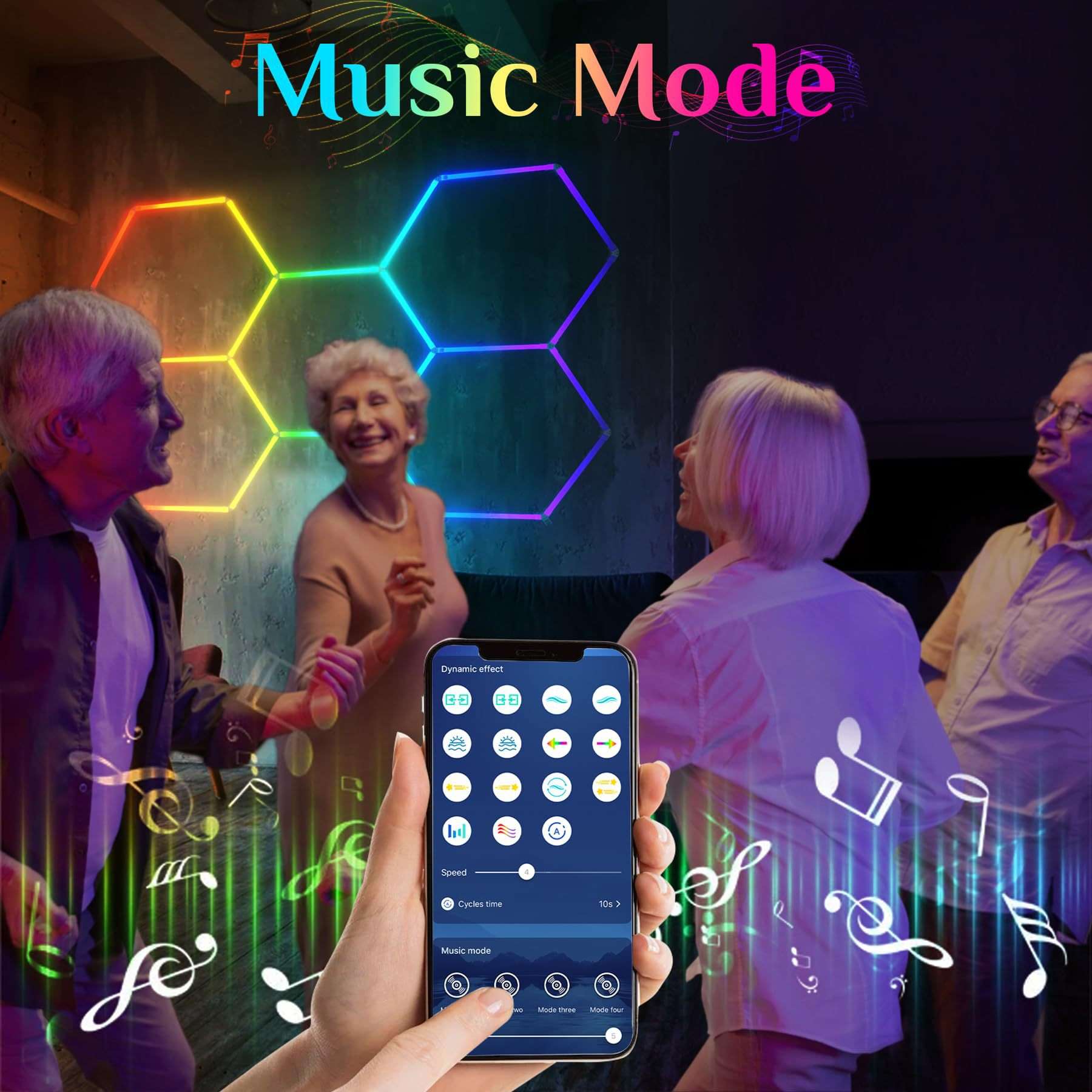 RGB蜂窝灯5HX六边形拾音律动氛围灯5孔家庭车库健身房酒吧音乐灯